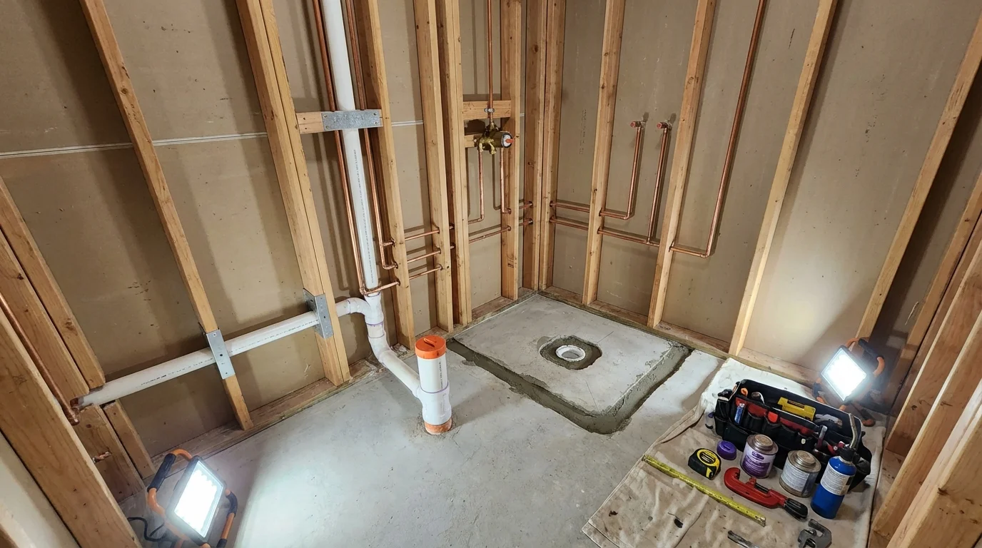 Bathroom rough-in plumbing during remodel by Johns Plumbing LLC in Deltaville