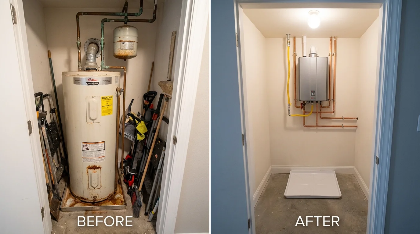 Tank water heater versus wall-mounted tankless unit comparison for Deltaville, VA homeowners