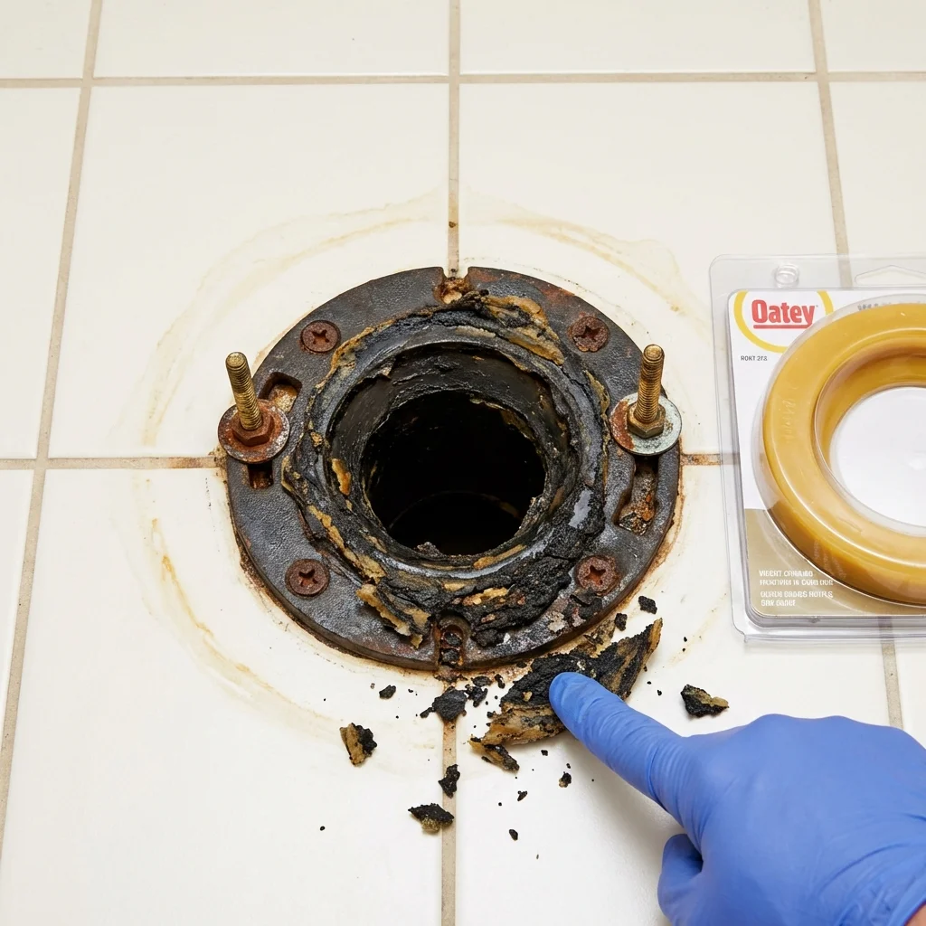 Failed wax ring showing water seepage at the base of a toilet in a Deltaville, VA home