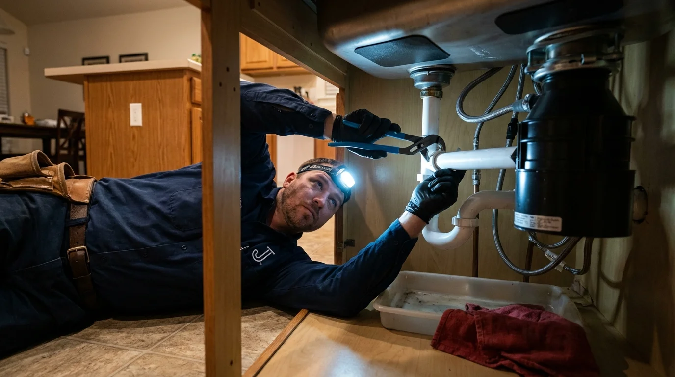 P-trap and supply line connections under a kitchen sink showing a common leak point in Deltaville, VA